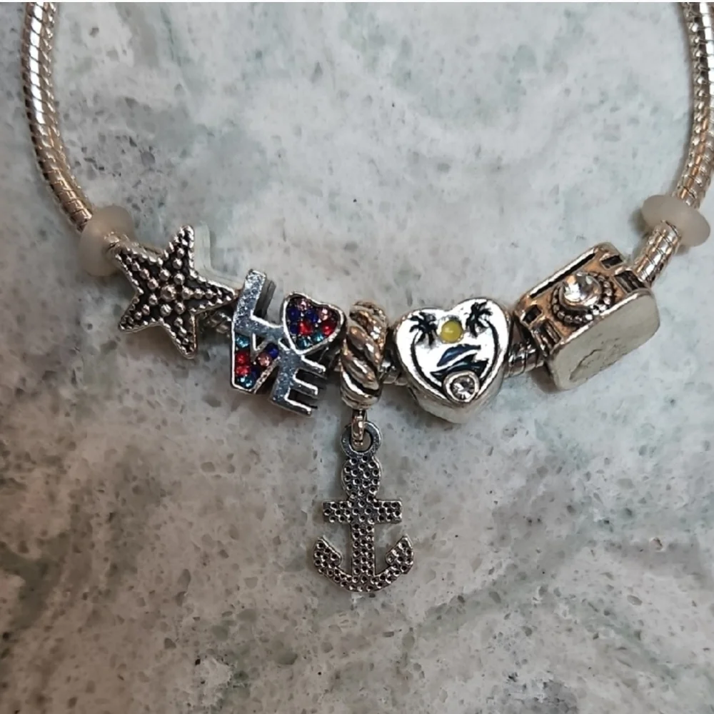 Silver Charm Bracelet with Nautical and Love Charms